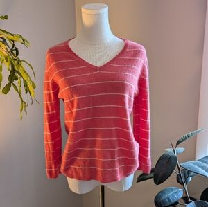 Sutton Studio 100% Cashmere Coral Stripe V-Neck Sweater M